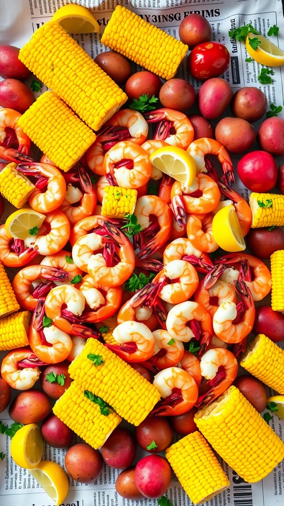 A classic shrimp boil with shrimp, corn, potatoes on a newspaper table setting.